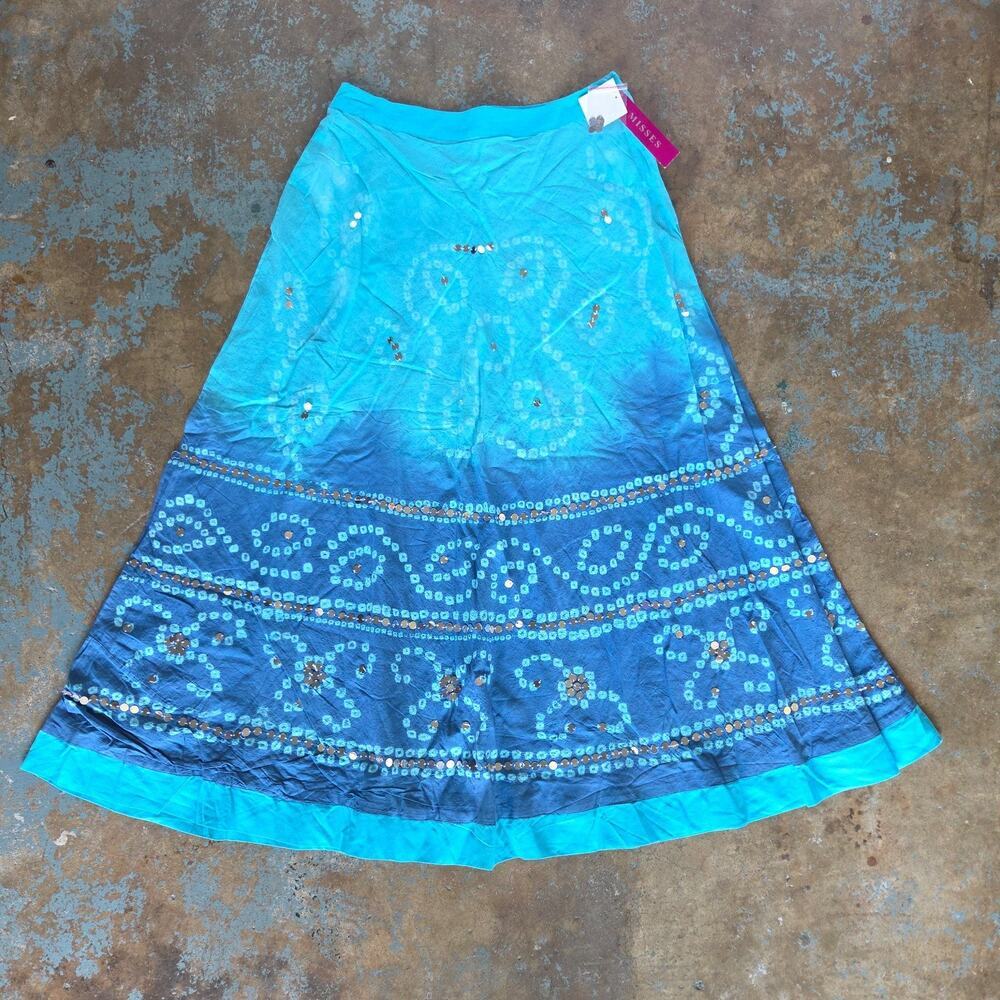 Vintage Y2K Midi Skirt Size M 10 NWT Blue Metallic Festival Whimsical Ombre